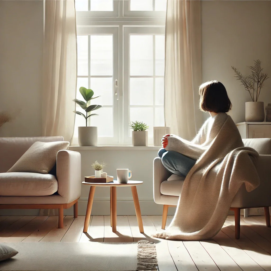 a simple and cozy scene of a person sitting comfortably in a bright living room, wrapped in a soft blanket, and staring peacefully out the window with