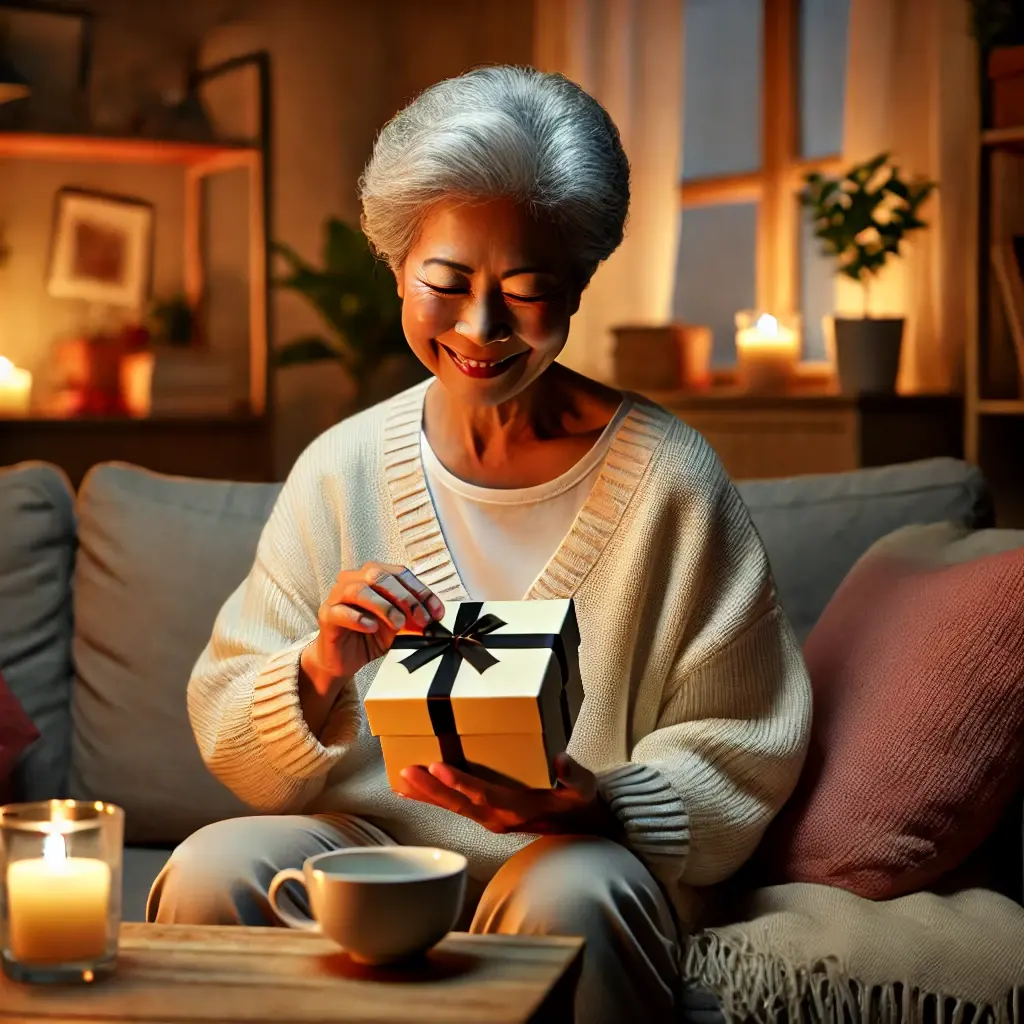 an elderly asian or black person sitting comfortably in a cozy living room, unwrapping a small gift box with a warm and happy smile. the room is warml