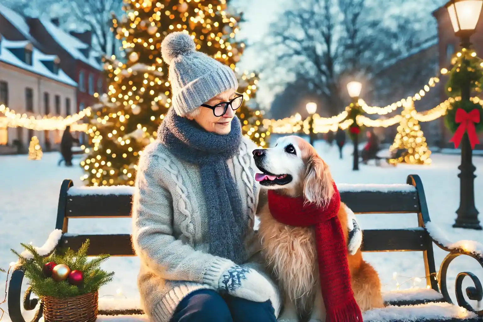 an elderly person sitting on a bench with a loyal dog in a peaceful, snow covered christmas park. the dog is wearing a red scarf and looks up lovingly