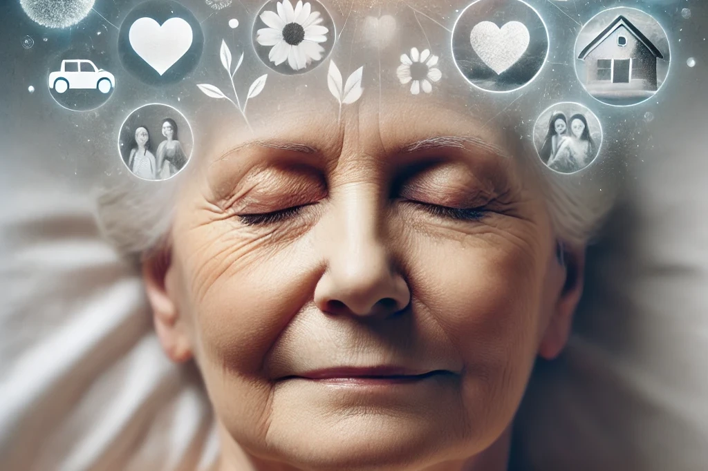 an elderly person with closed eyes sleeping peacefully. the perspective is a frontal view, showing a serene expression. around their head