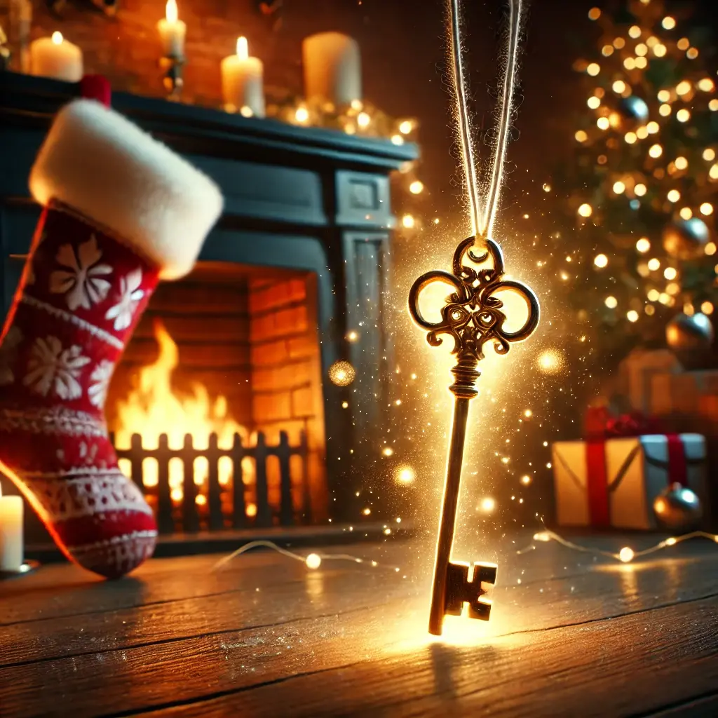 an illustration of a magical key glowing with golden light, hanging from a string in front of a fireplace decorated for christmas.