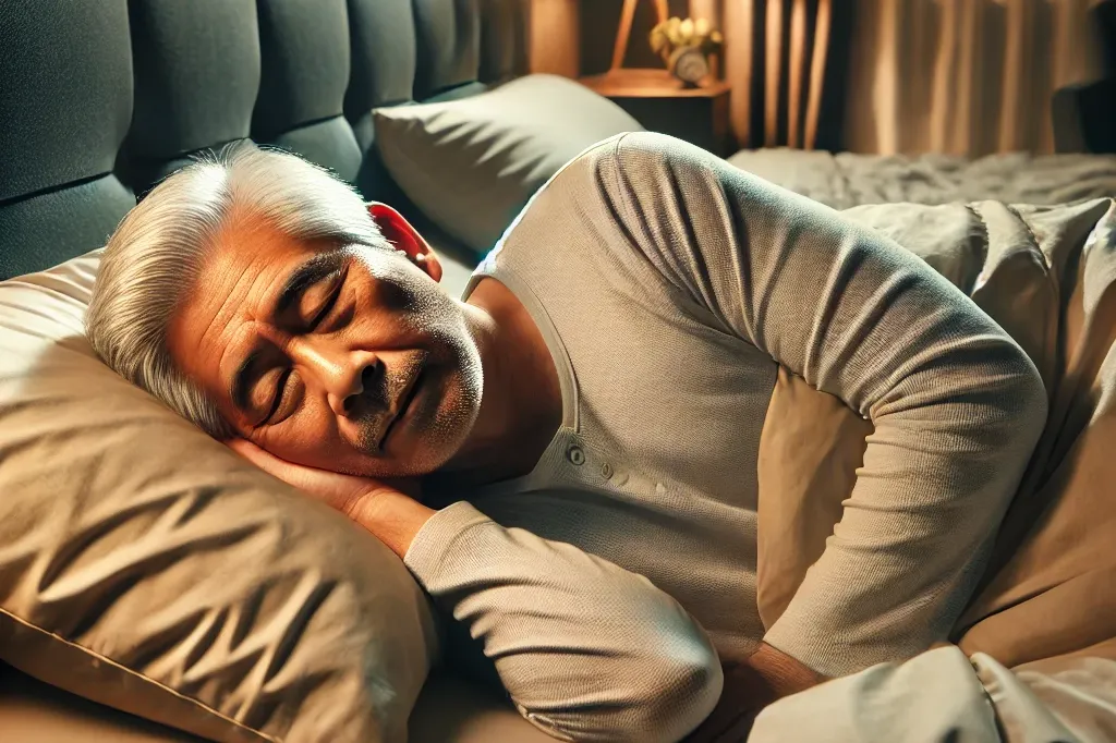 realistic depiction of an elderly asian man sleeping peacefully at night in his bedroom.