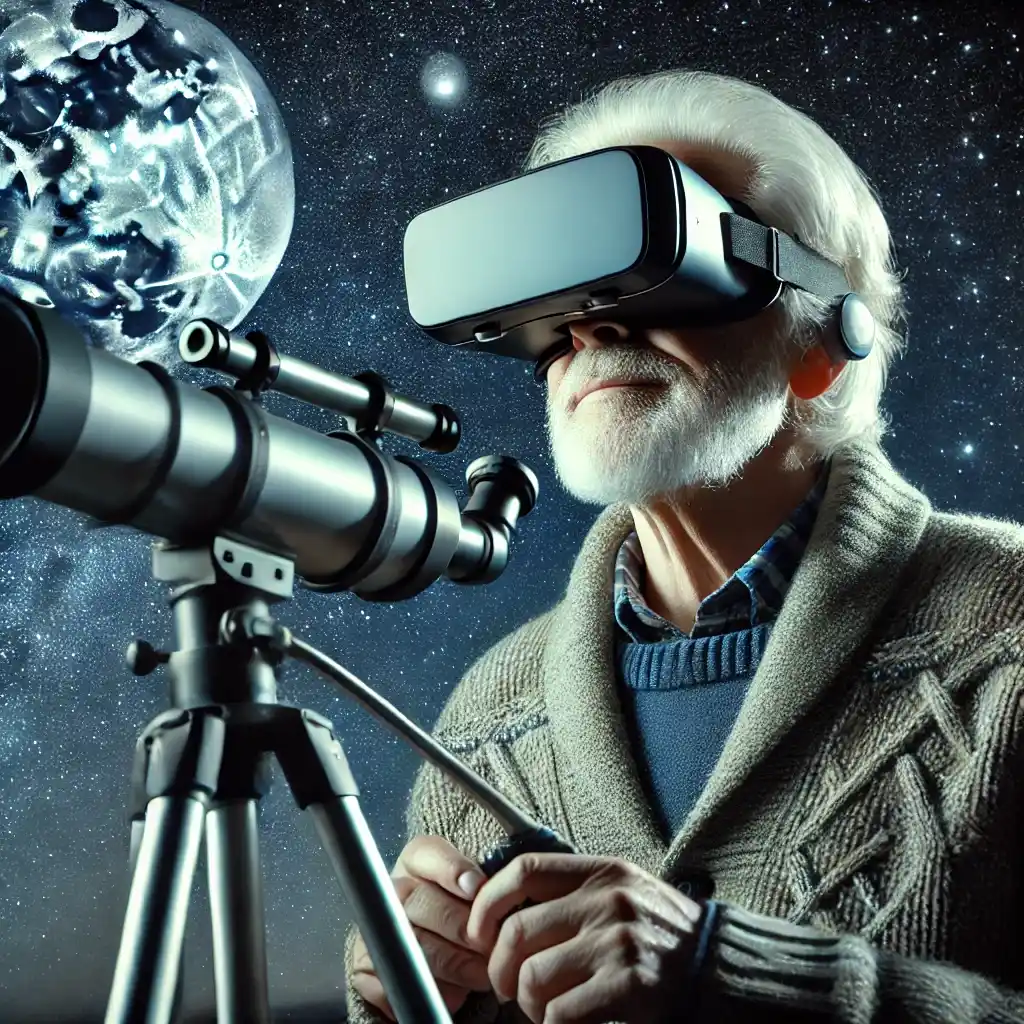 an elderly person wearing vr glasses while using a telescope to observe the night sky. the elderly person has gray hair and is dressed warmly in a jac