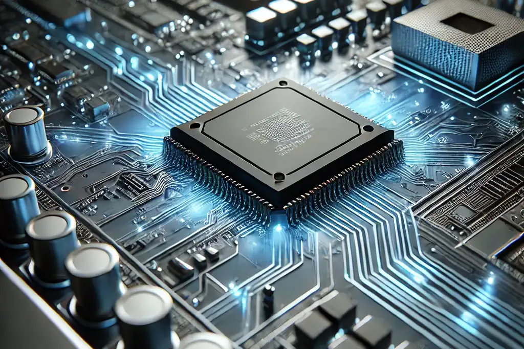 a realistic digital rendering of a computer chip on a futuristic motherboard, viewed from a slightly farther perspective. the motherboard is detailed