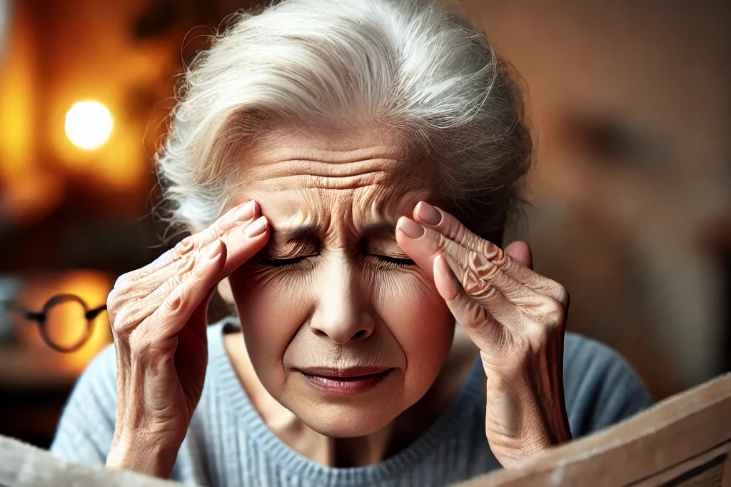 an elderly person struggling to read a newspaper holding it very close to their face as if trying to focus