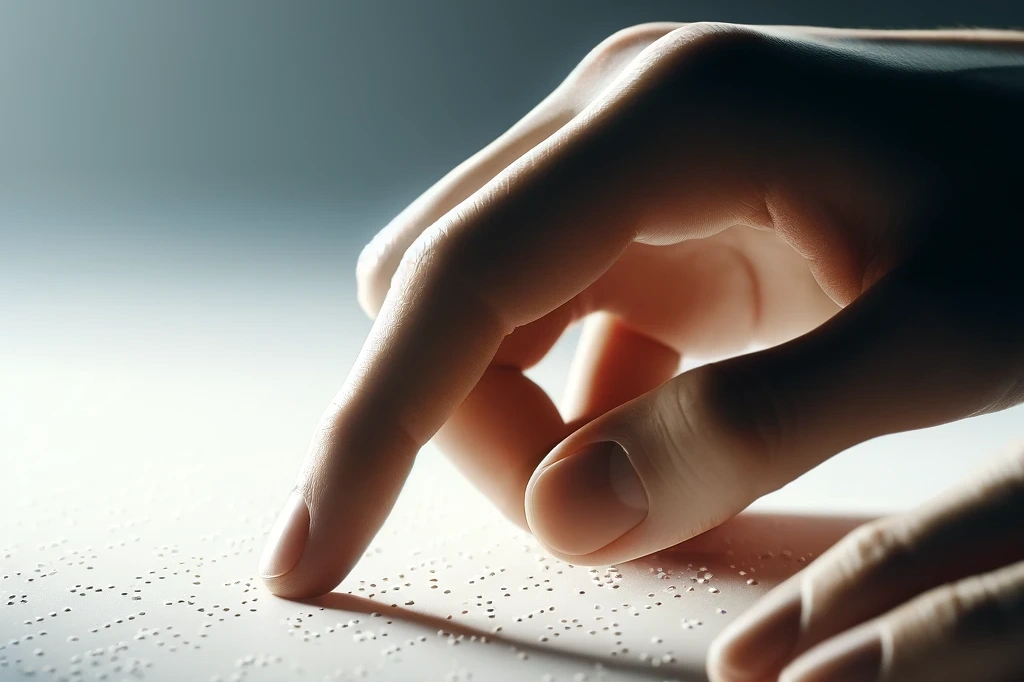 a high resolution image of a person gently touching and reading braille text on a smooth white surface. the person's fingers are delicately tracing t