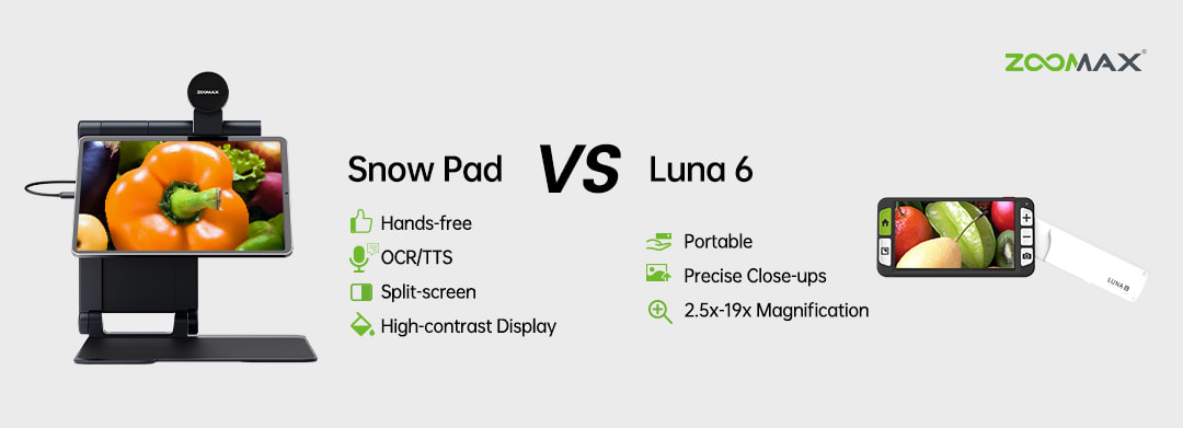 a comparison of the core strengths of the snow pad and luna 6 video magnifiers