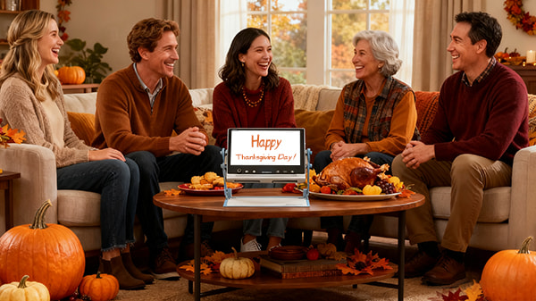 low vision community celebrating thanksgiving with loved ones using snow 12 portable electronic magnifier