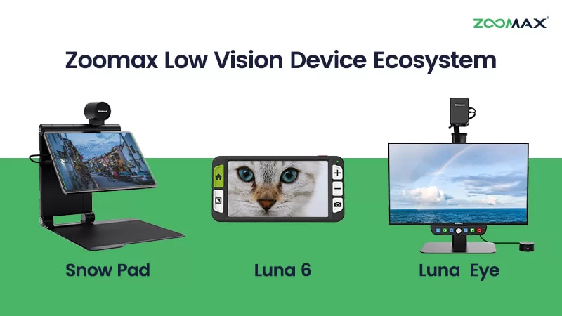 zoomax low vision device ecosystem luna 6, luna eye, snow pad