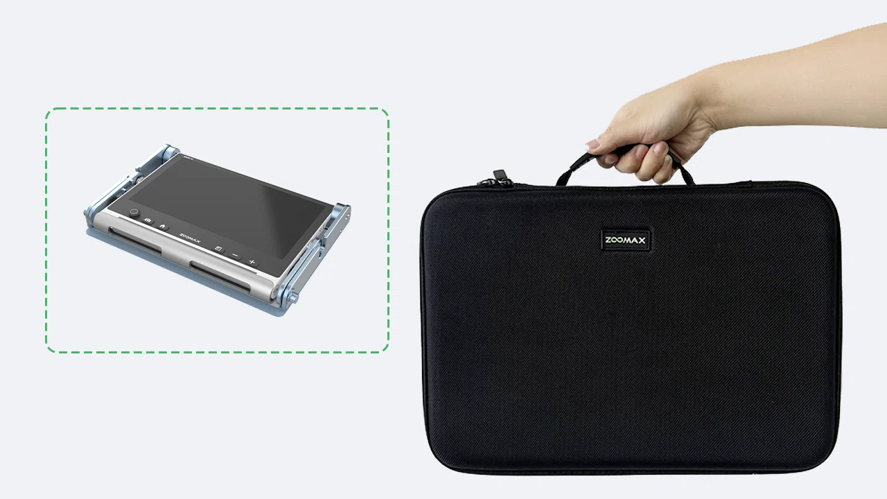 zoomax portable low vision aid being placed in a bag for on the go use