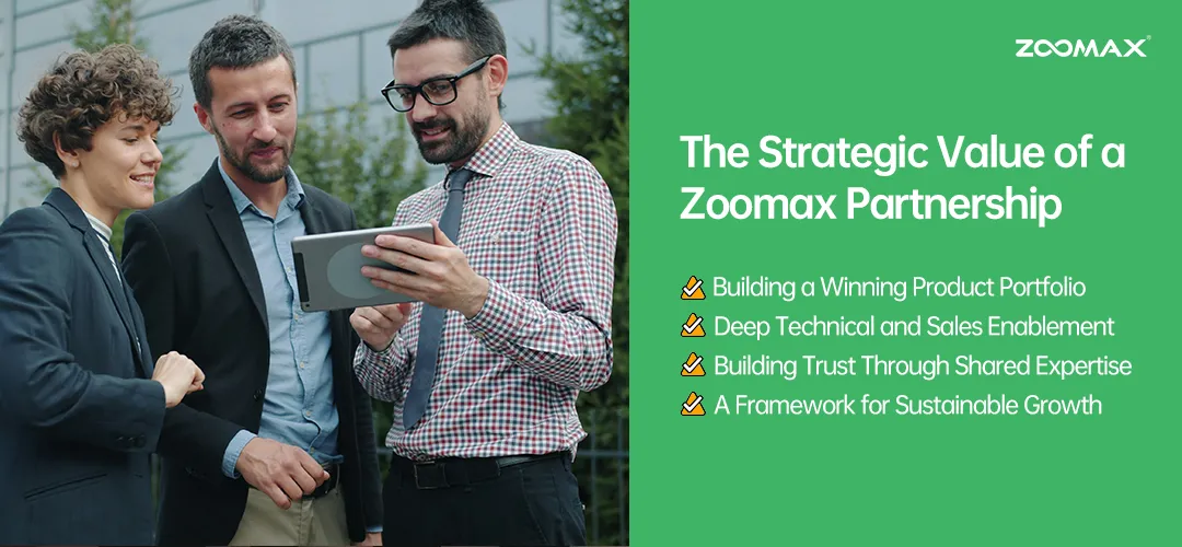 graphic illustrating the partnership benefits between zoomax technology and its global distributors of low vision assistive devices