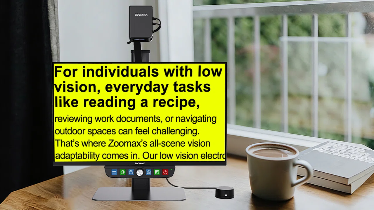 high definition screen of zoomax low vision magnifier showing clear text magnification