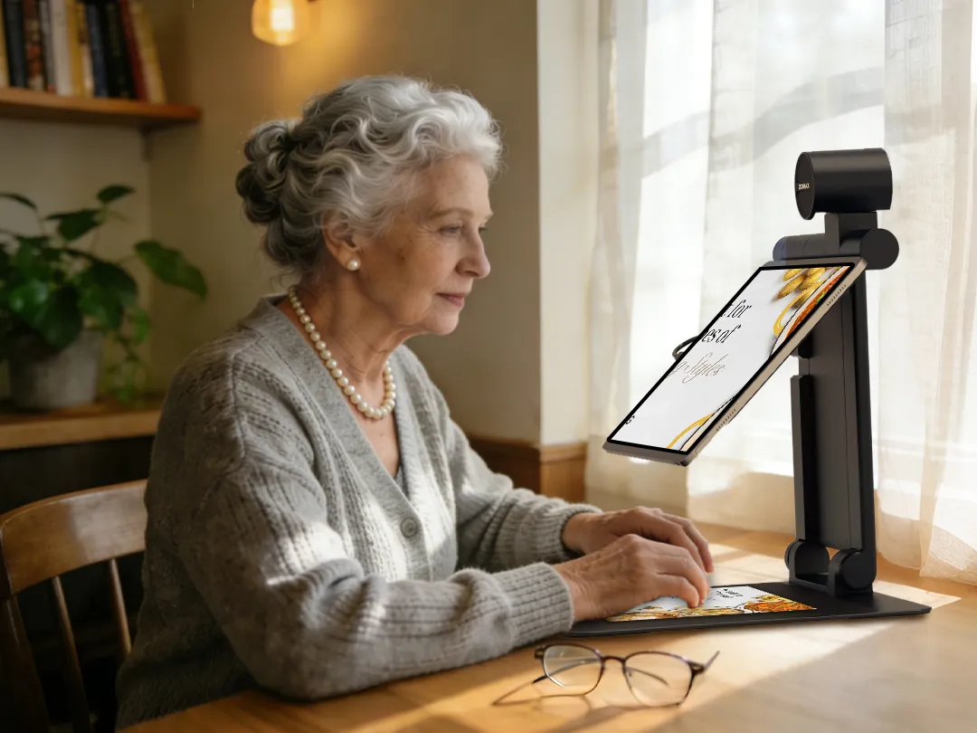 modern senior using a tablet based low vision aid in a cafe, showcasing de medicalized assistive technology