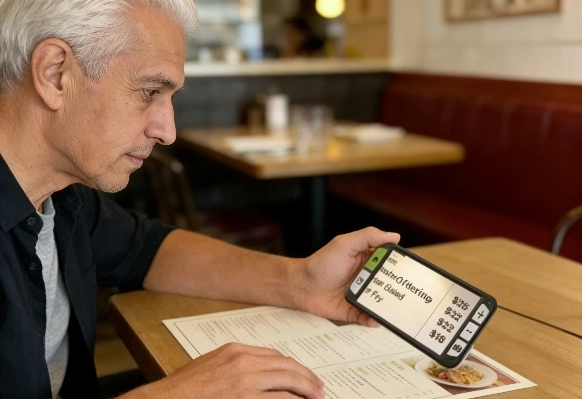 1.senior man using zoomax luna 6 handheld video magnifier to read a restaurant menu