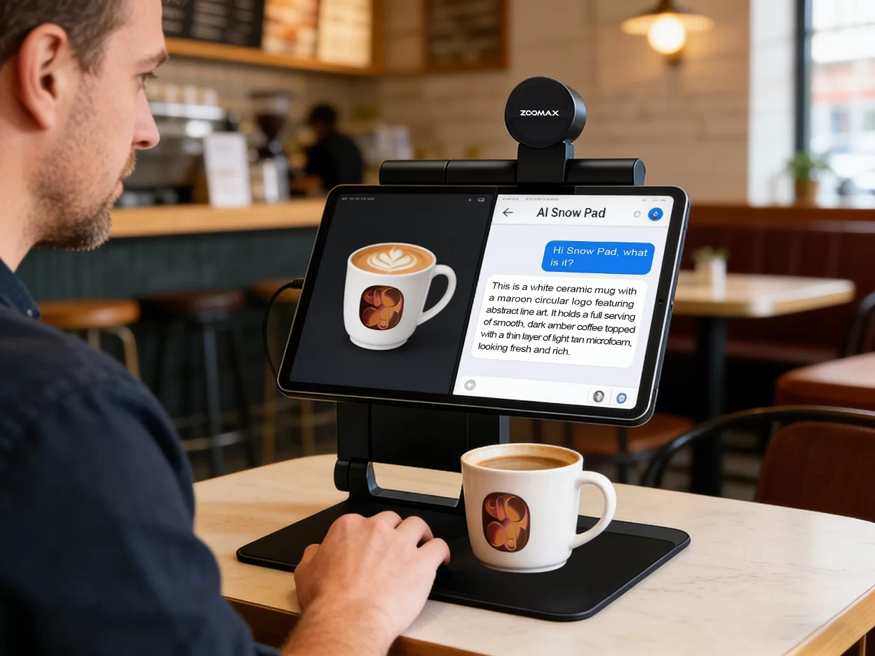 ai powered vision assistant identifying a coffee mug for a low vision user in a cafe