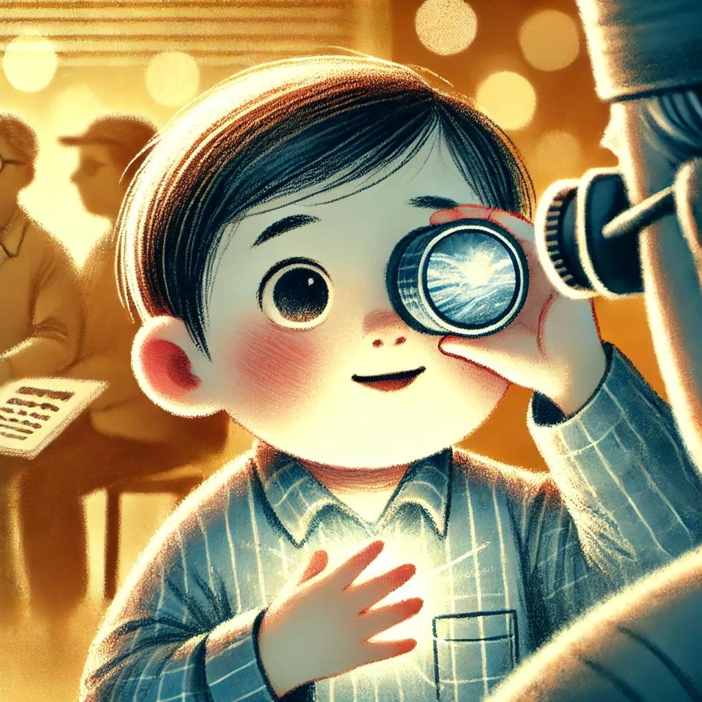 an illustration of a child with low vision struggling to see clearly but with a calm expression and wide open eyes