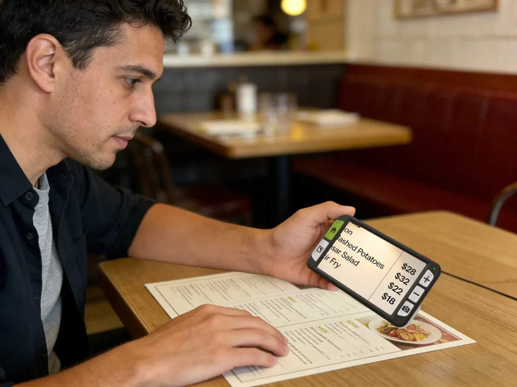 man using luna 6 handheld magnifier to read a restaurant menu