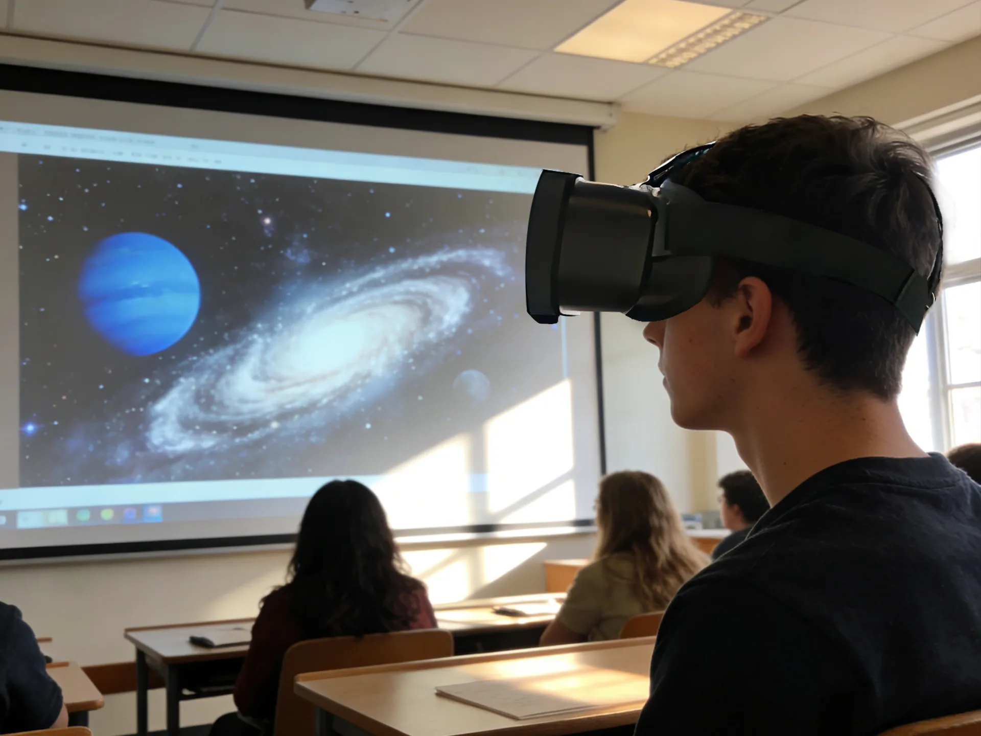 student wearing acesight vr glasses for educational video viewing