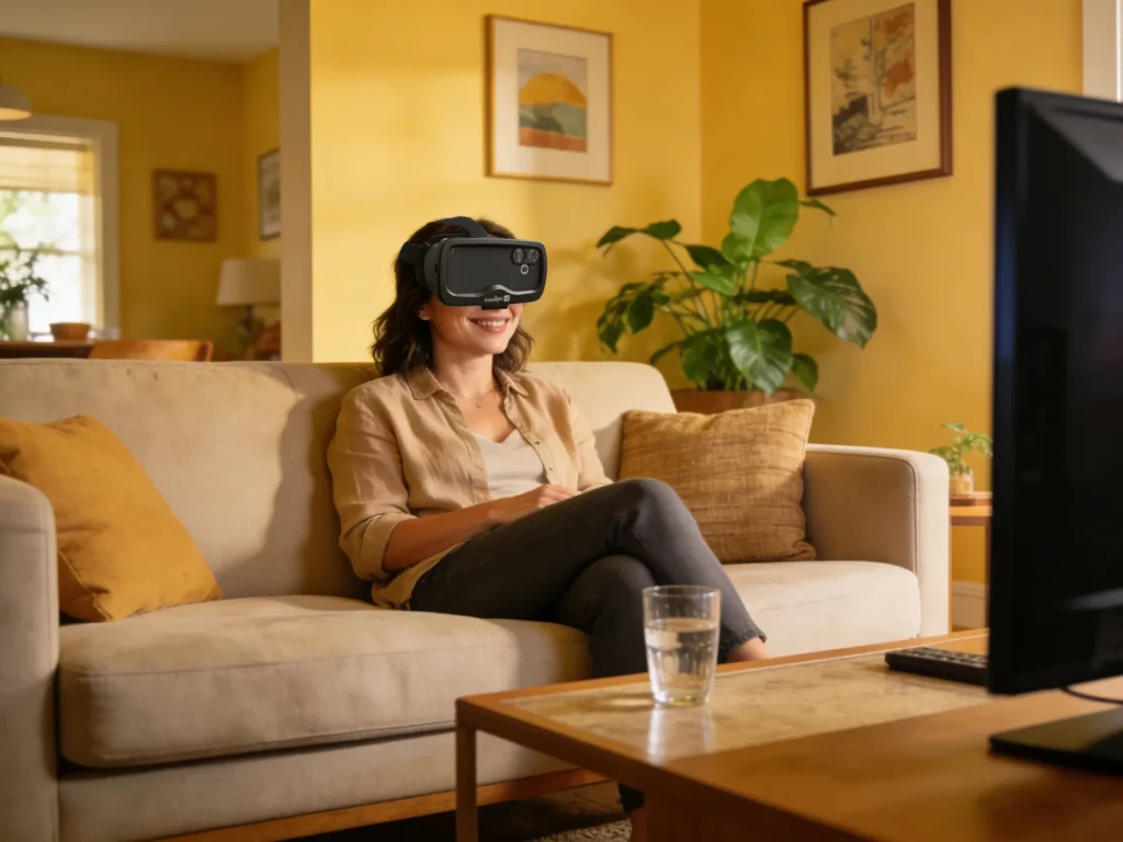 woman wearing acesight vr glasses smiling while watching tv on couch