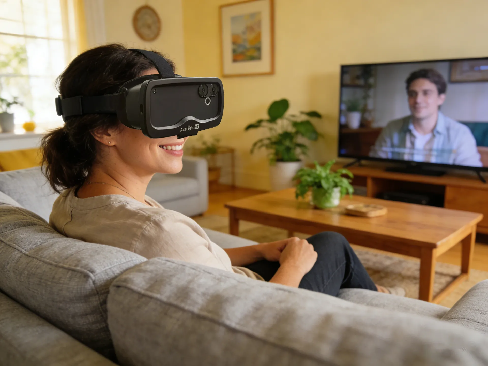 a young woman who is low vision enjoying the tv show at home with acesight vr