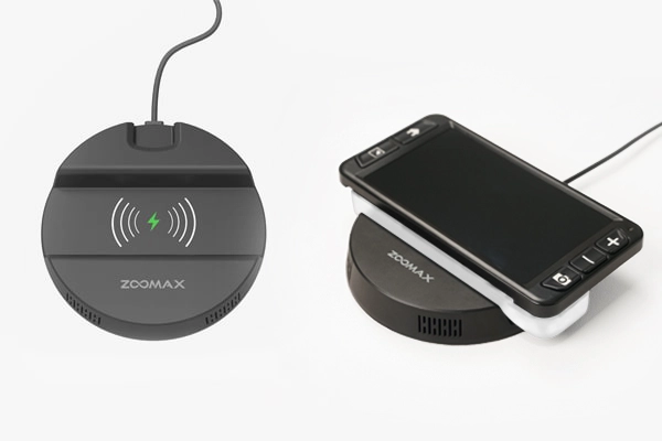 zoomax luna 6 digital magnifier on a wireless charging base for easy senior use
