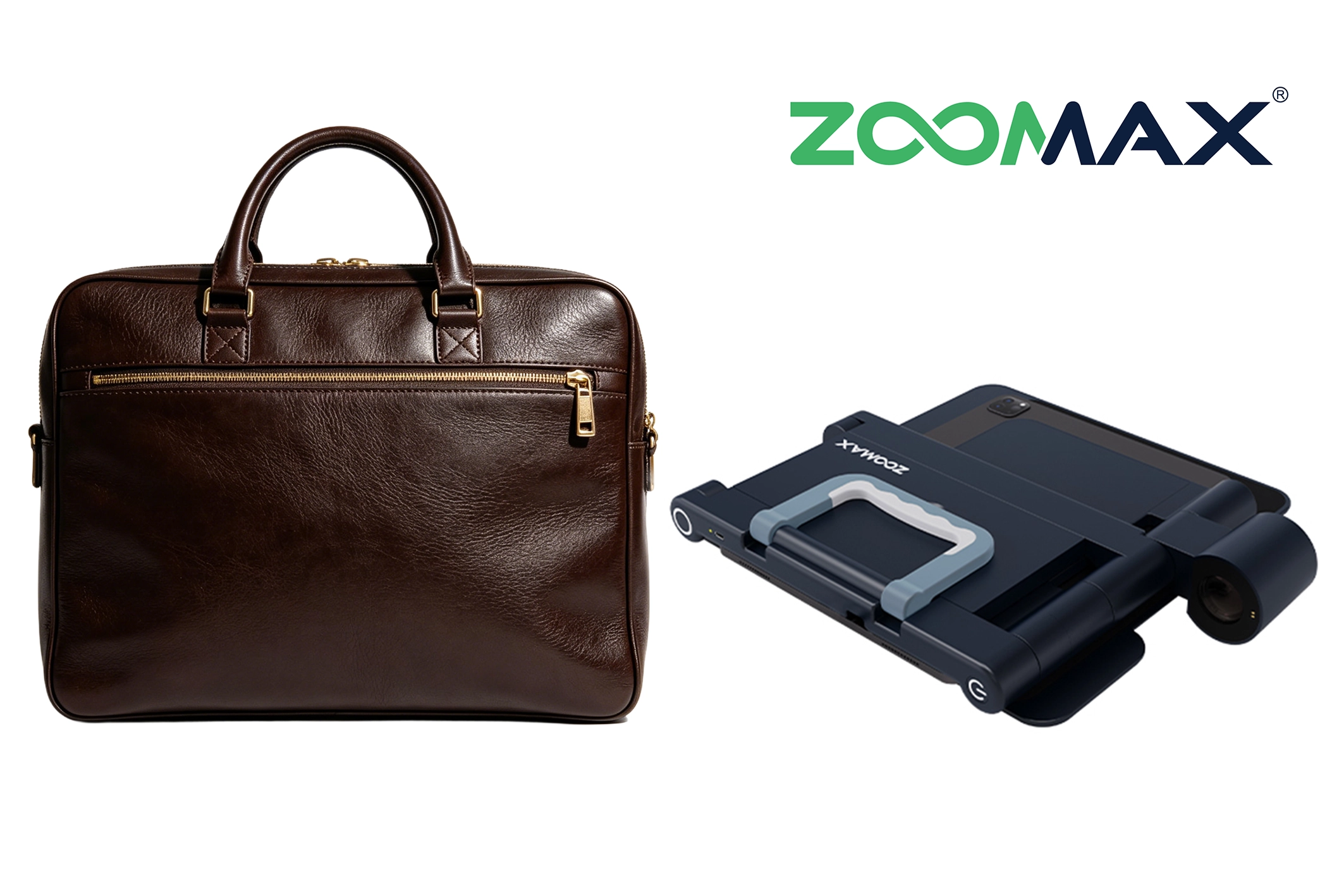 a sleek, metallic snow pad folded flat next to a leather briefcase