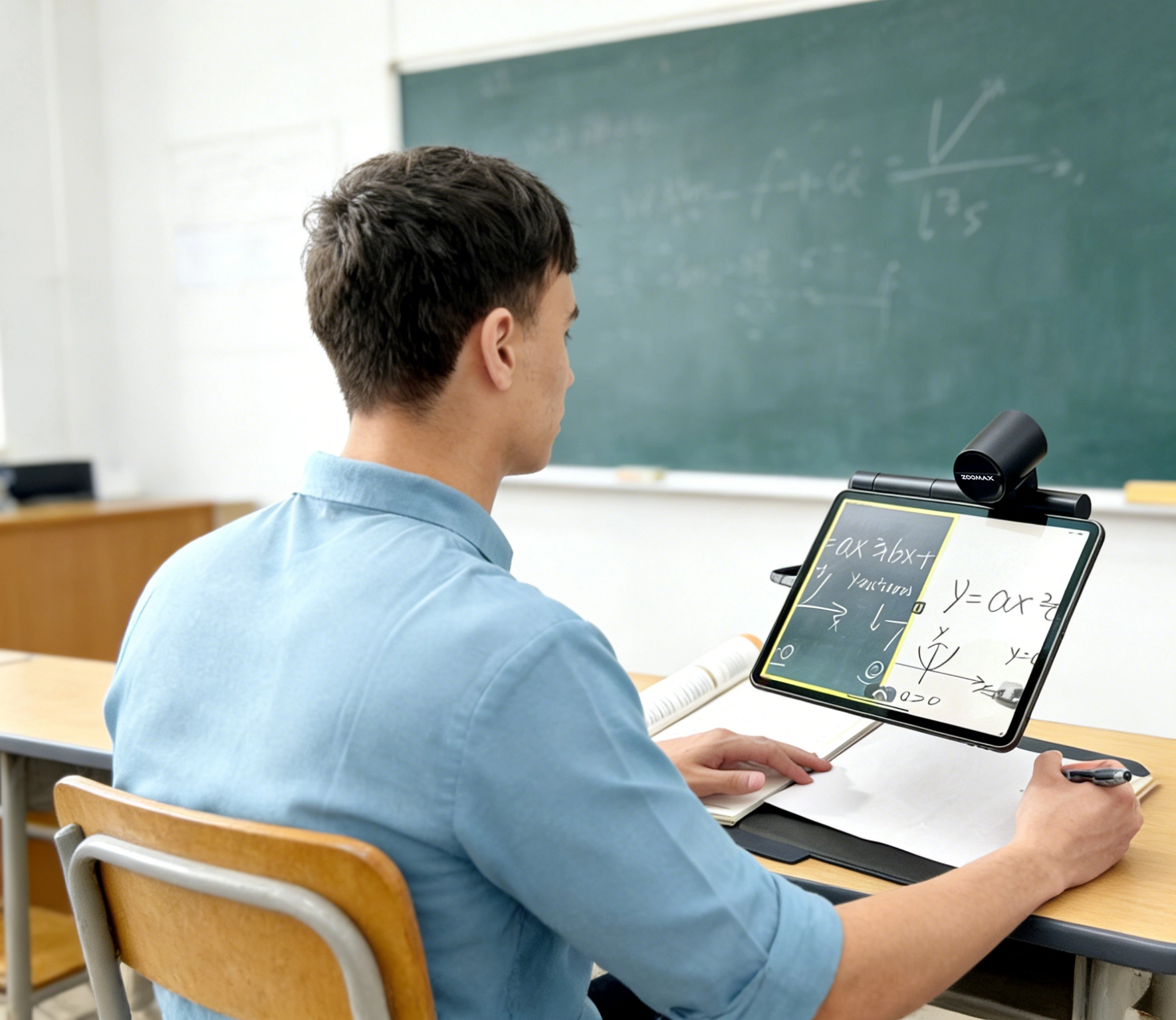 a student with low vision using snow pad with an ipad to see the chalkboard clearly while taking notes