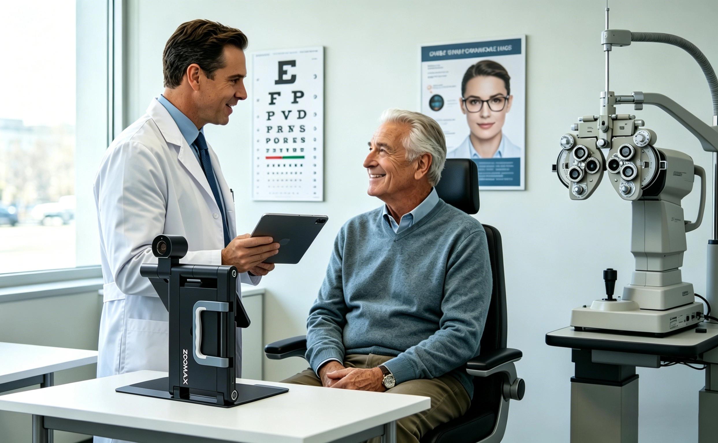 ophthalmologist demonstrating zoomax snow pad assistive technology for seniors