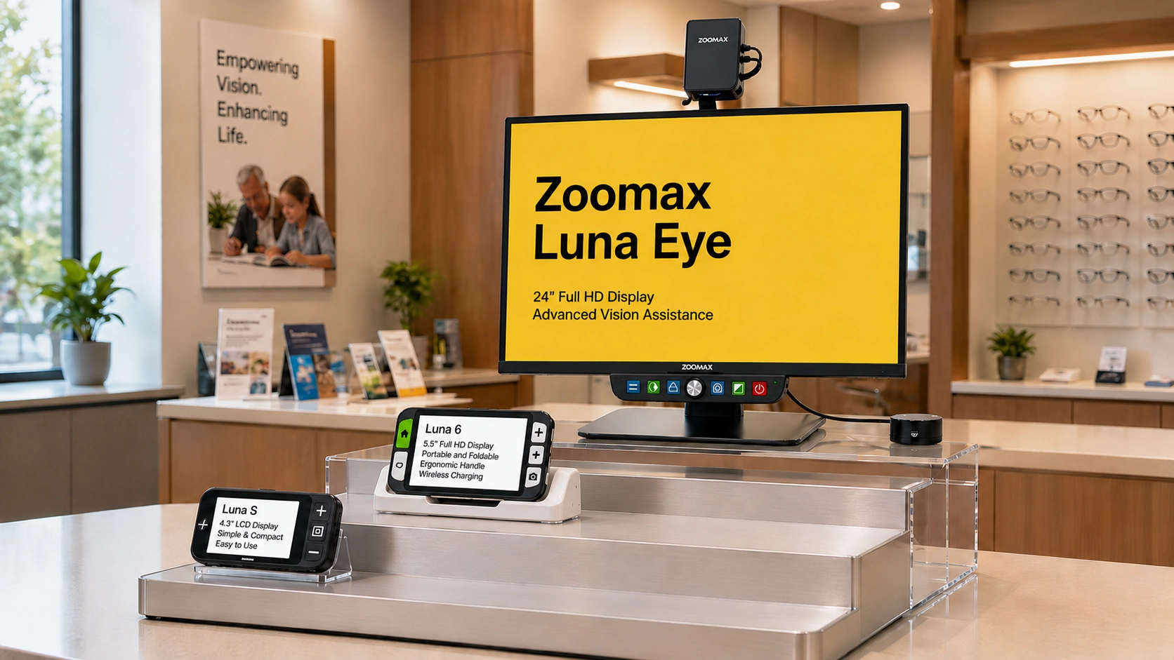 a retail display featuring a variety of affordable low vision digital magnifiers for b2b distributors