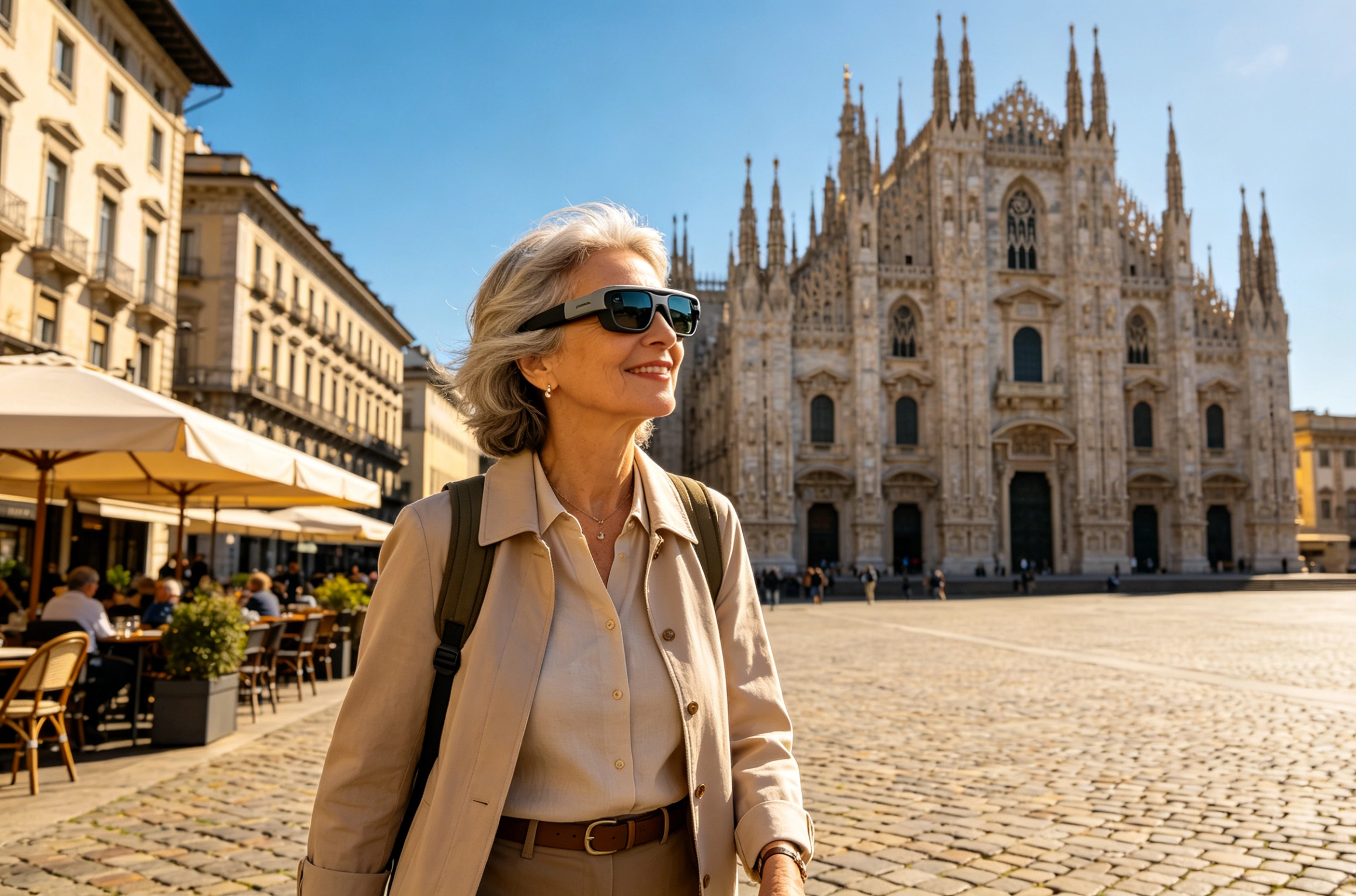 low vision traveler using electronic travel aids for visually impaired to navigate a sunny european plaza