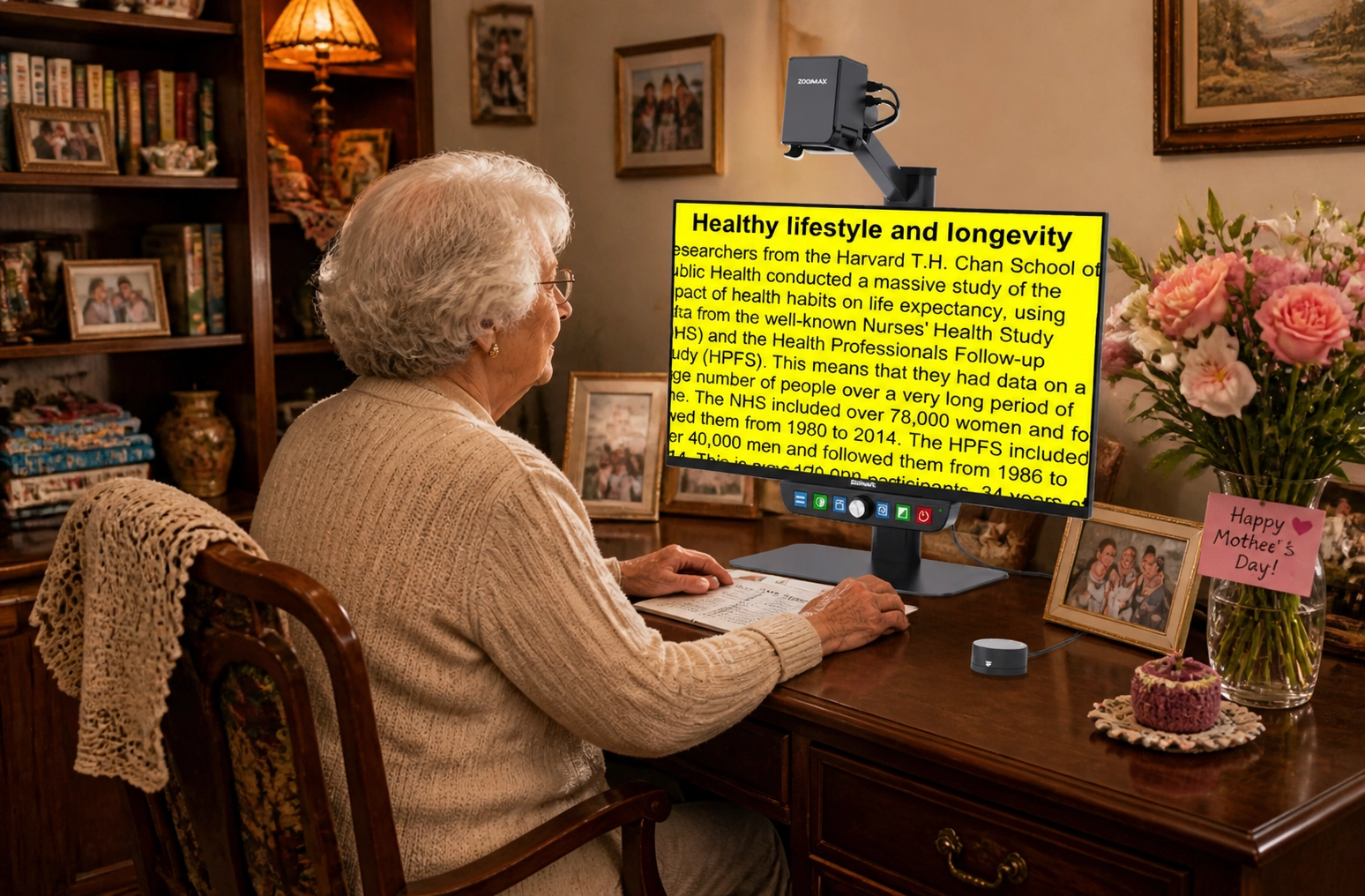 using the large luna eye desktop magnifier in high contrast yellow on black mode for immersive comfort