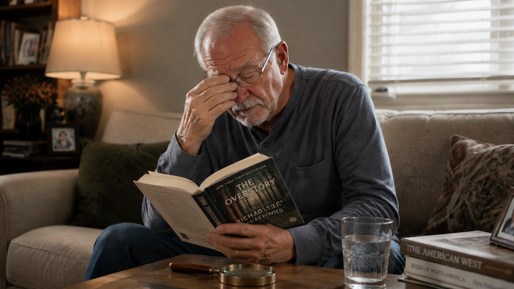 elderly amd patient experiencing reading fatigue and visual strain while reading a book at home