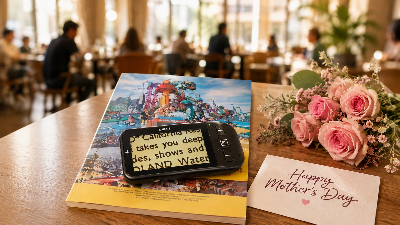 using luna s handheld magnifier to read in a café