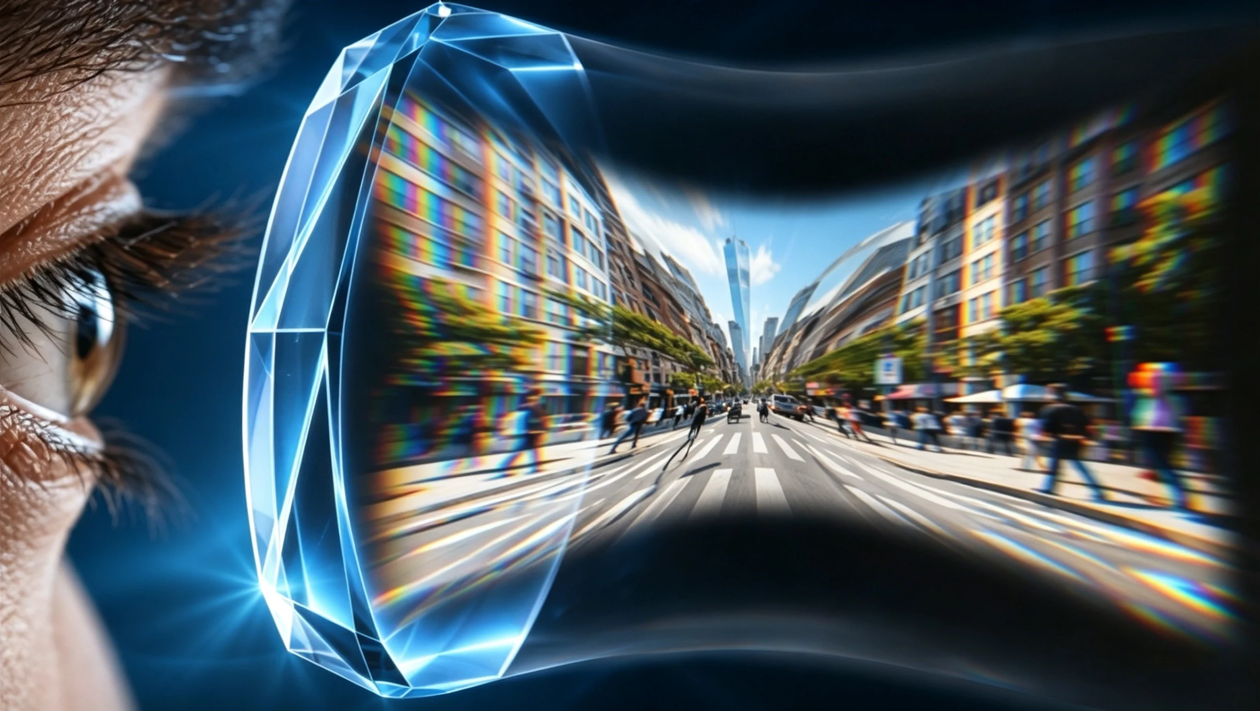 visual simulation of optical prism distortion, chromatic aberration, and ring scotoma blind zones experienced through traditional high diopter rp glasses