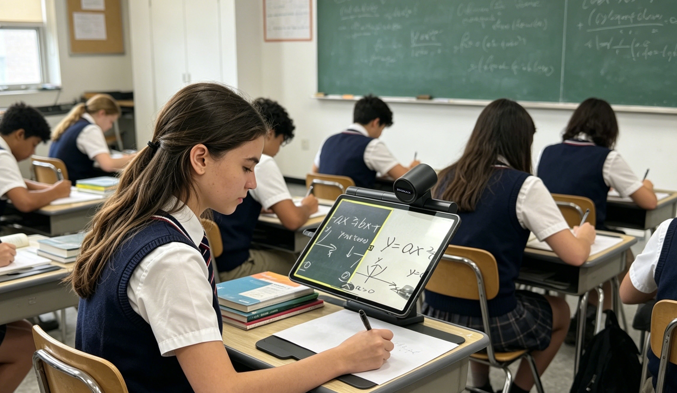 a student using the split screen function of zoomax snow pad for portable low vision assistance in a classroom
