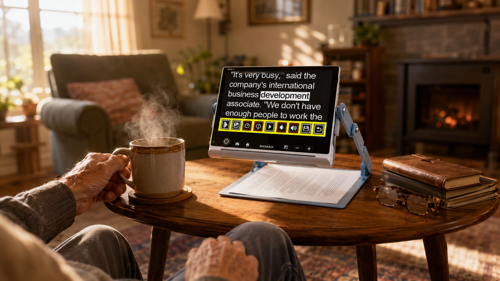 elderly man using zoomax snow 12 portable video magnifier with ocr text to speech feature to listen to a book at home