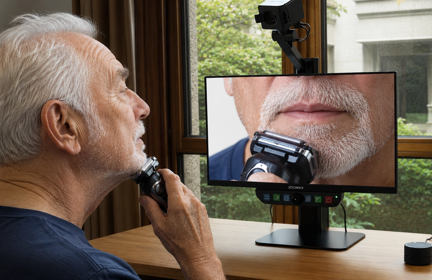 elderly man with amd using zoomax luna eye self view mode to confidently trim his beard