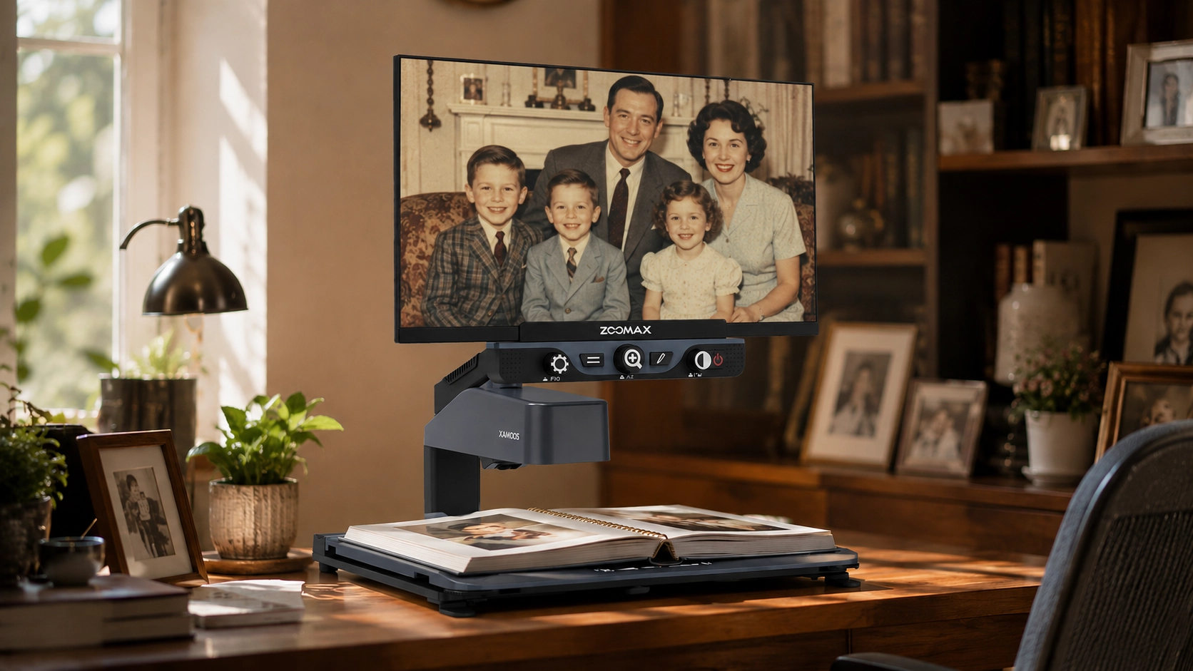 luna hd 24 pro electronic magnifier displaying a family photo album for a user with dry amd