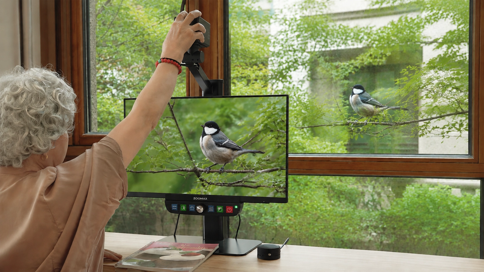 older adult with wet amd using luna eye to view a magnified image of a bird outside the window