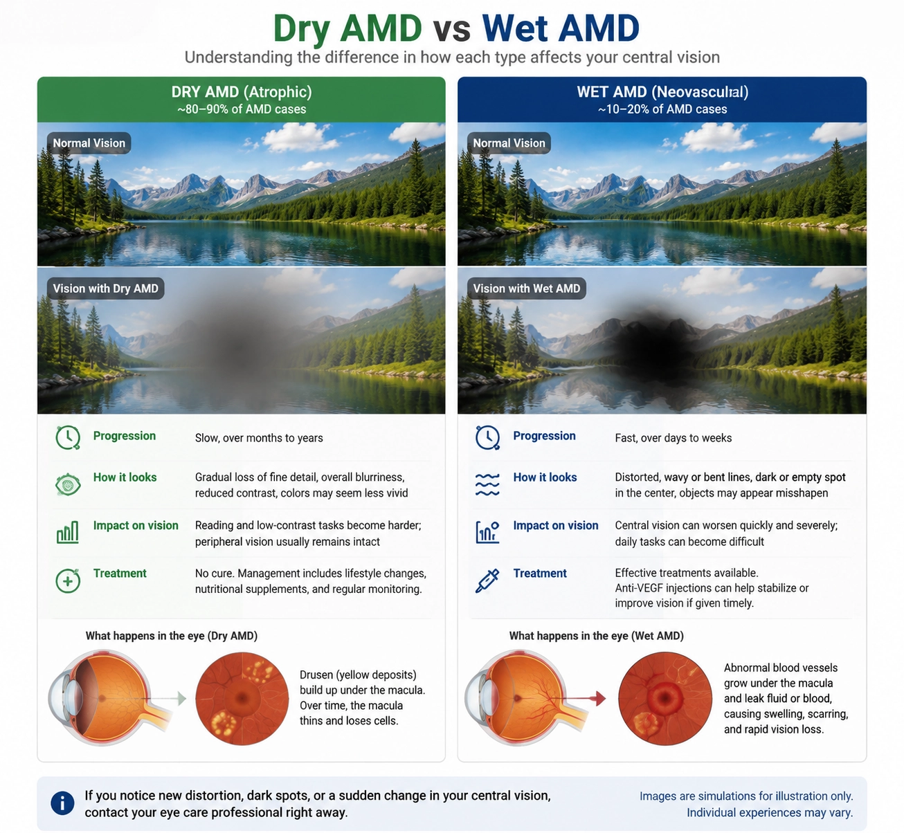 wet amd vs dry amd vision simulation showing differences in central vision distortion, blur, and progression of age related macular degeneration