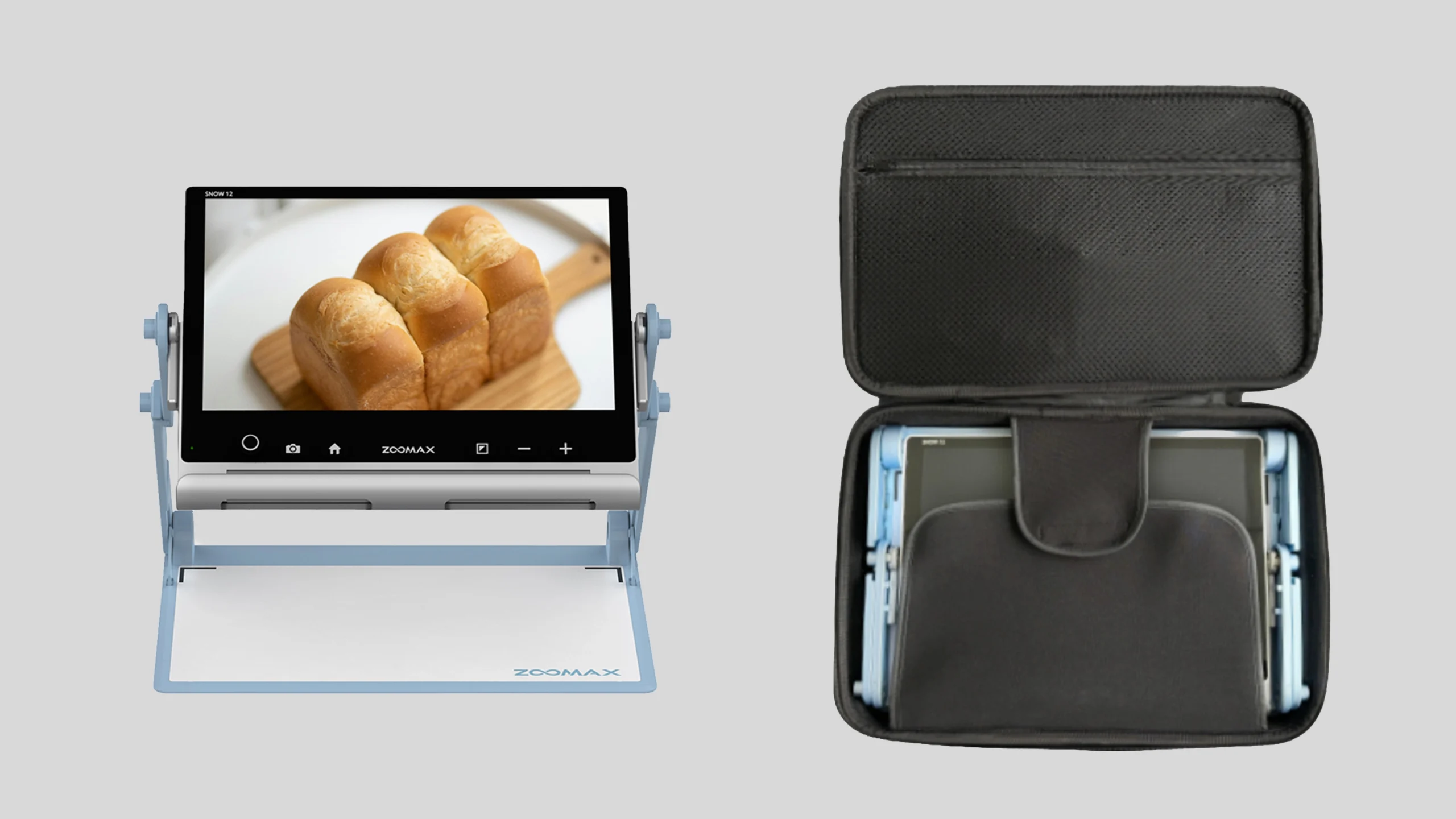 zoomax snow 12 portable video magnifier can be folded and stored in a compact carrying case, designed for easy transport and on the go low vision support