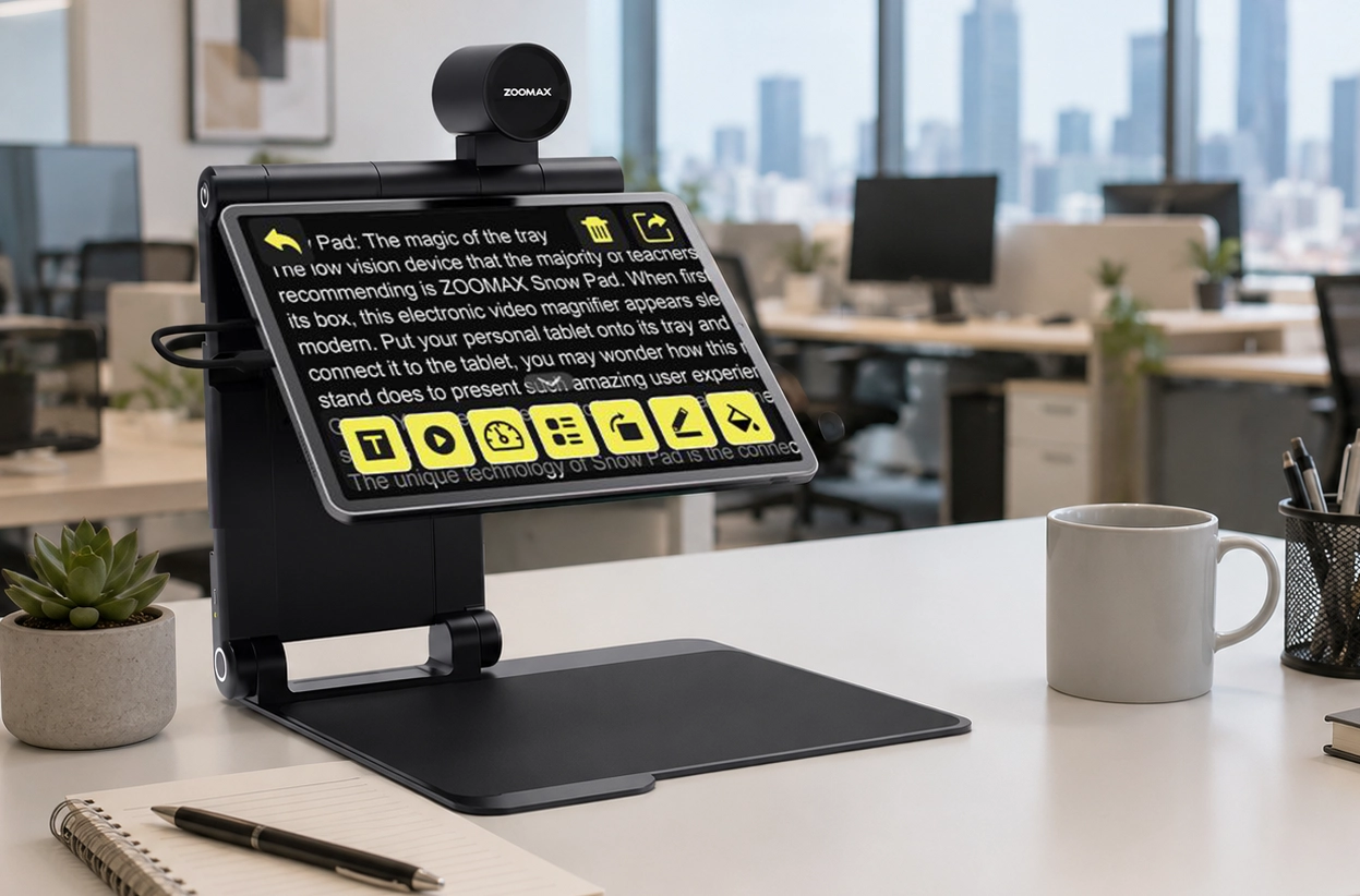 zoomax snow pad showcasing ocr and text to speech features in an office setting
