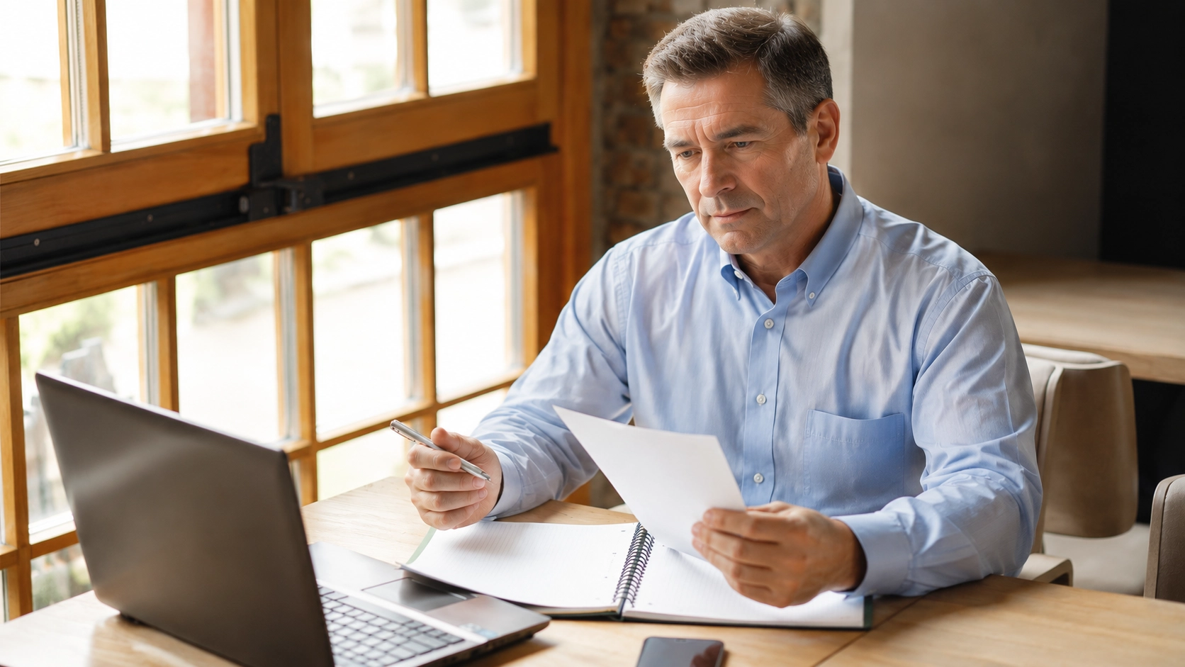 a 50s professional with low vision using laptop and taking notes in the office