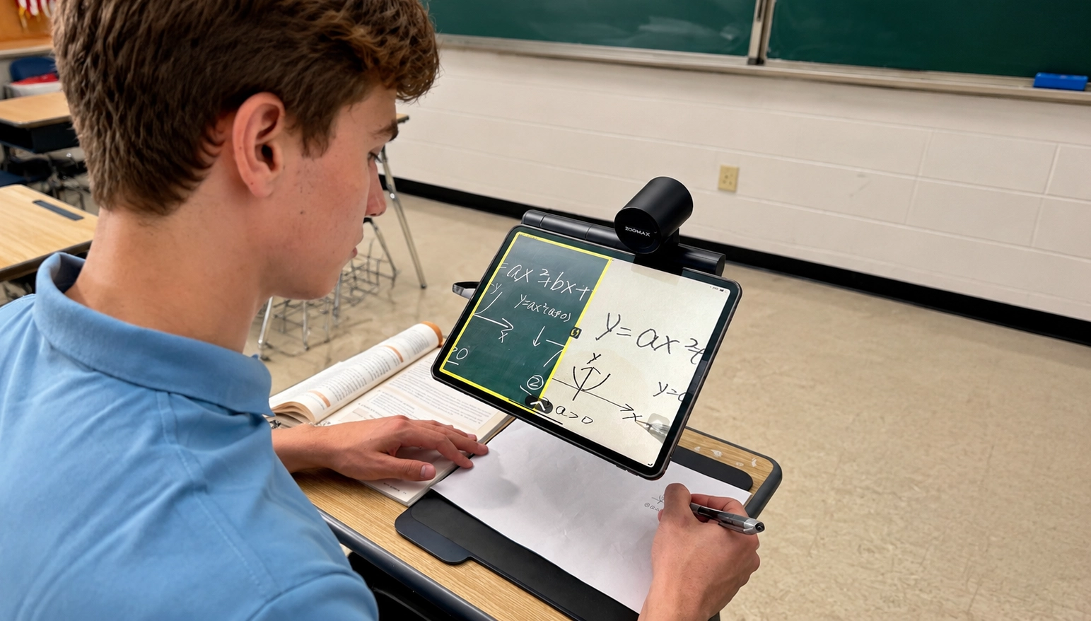 a student with low vision using snow pad to see the chalkboard clearly while taking notes