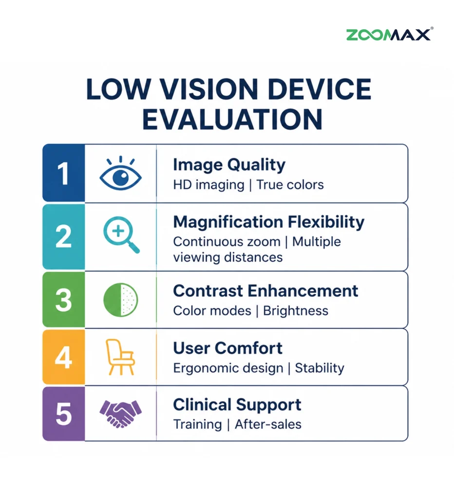 low vision device evaluation checklist showing key criteria including image quality, magnification, contrast modes, ergonomics, and clinical support