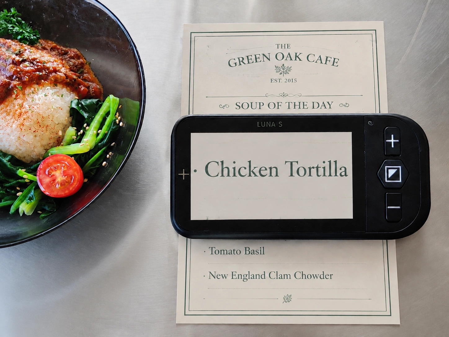zoomax luna s digital magnifier helping visually impaired elderly users read restaurant menus