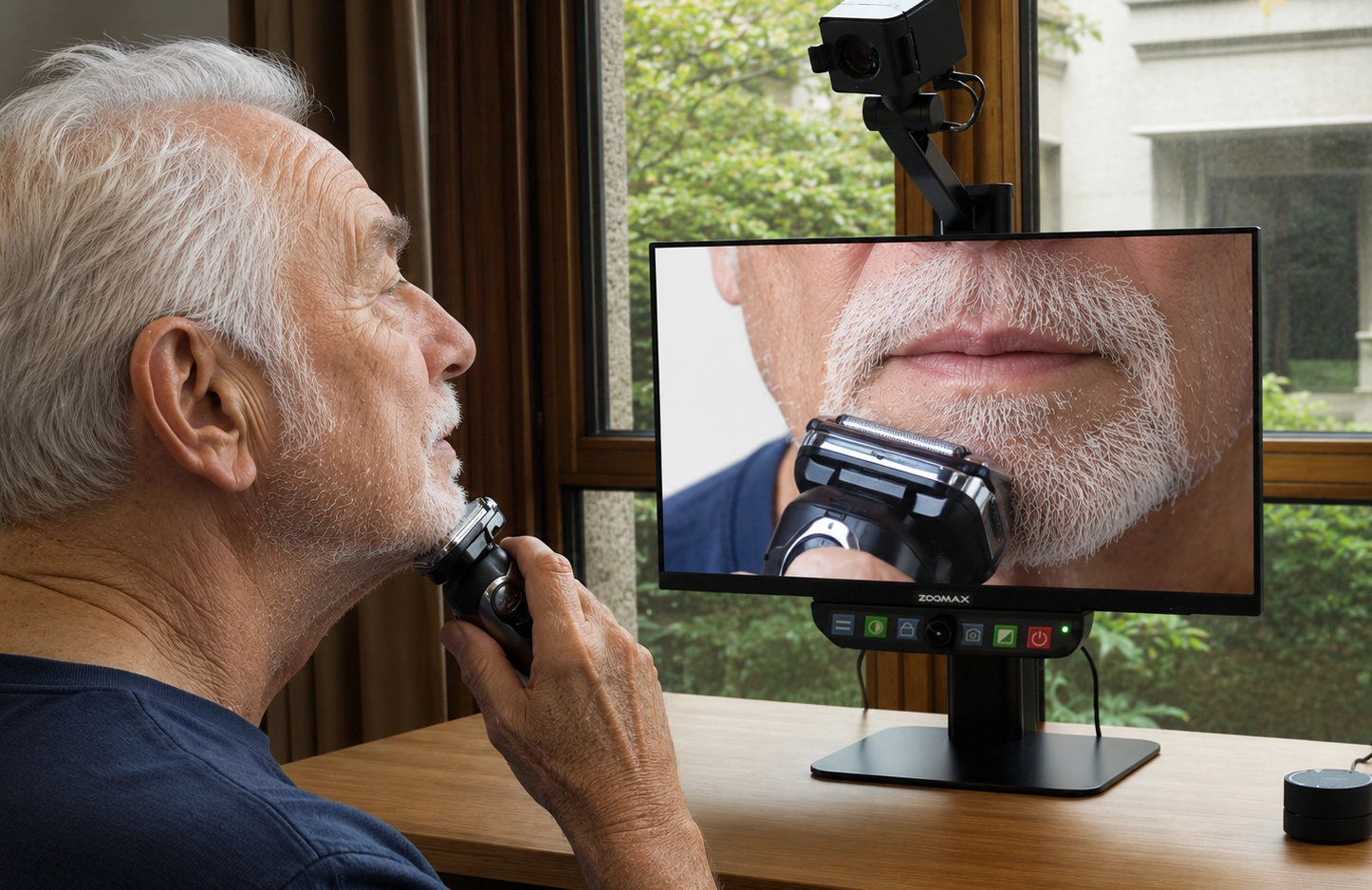an elderly man with amd using zoomax luna eye self view mode to confidently trim his beard