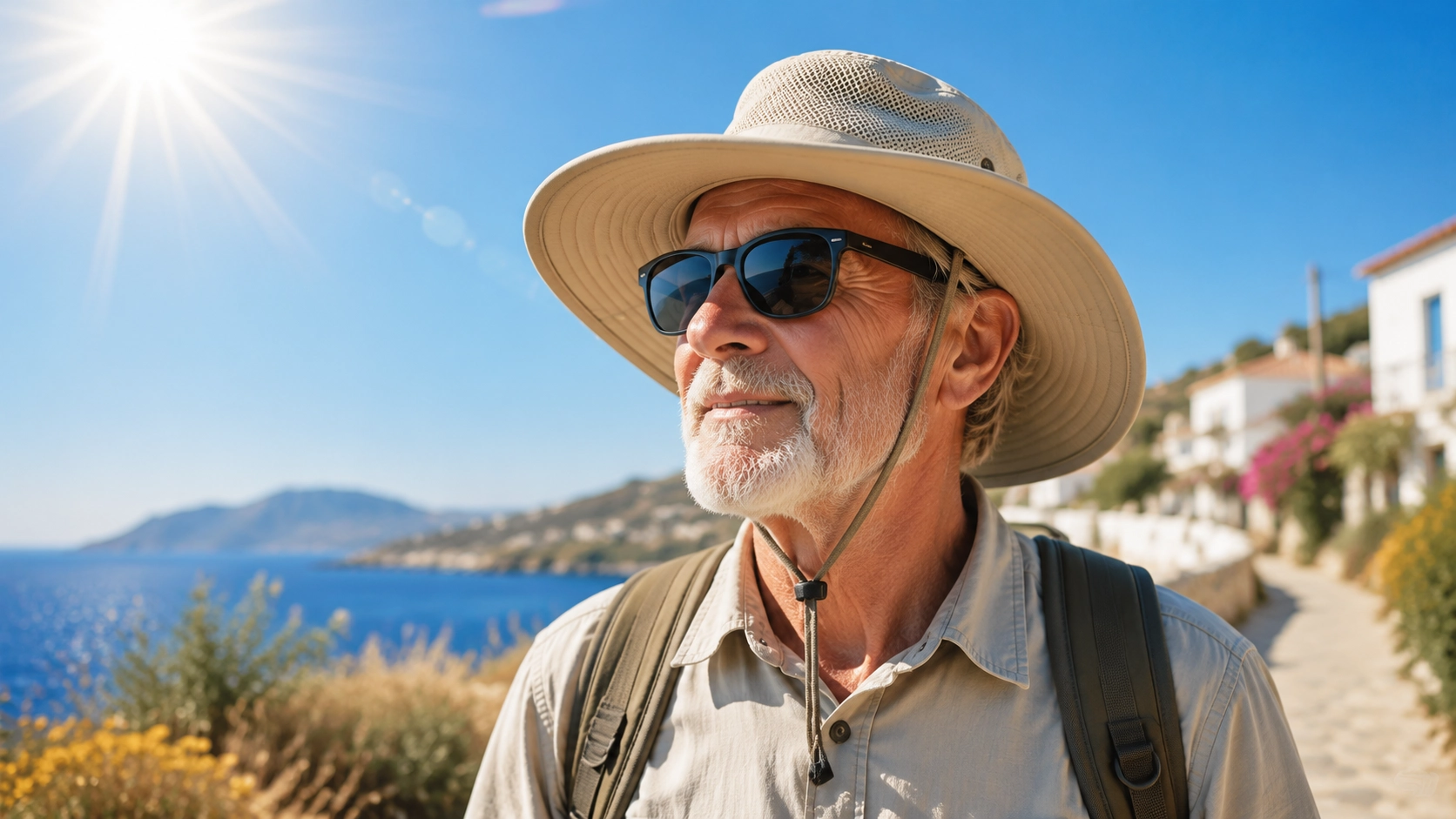 an old man protecting his eyes from strong summer sunlight with uv protective sunglasses and a wide brimmed hat outdoors
