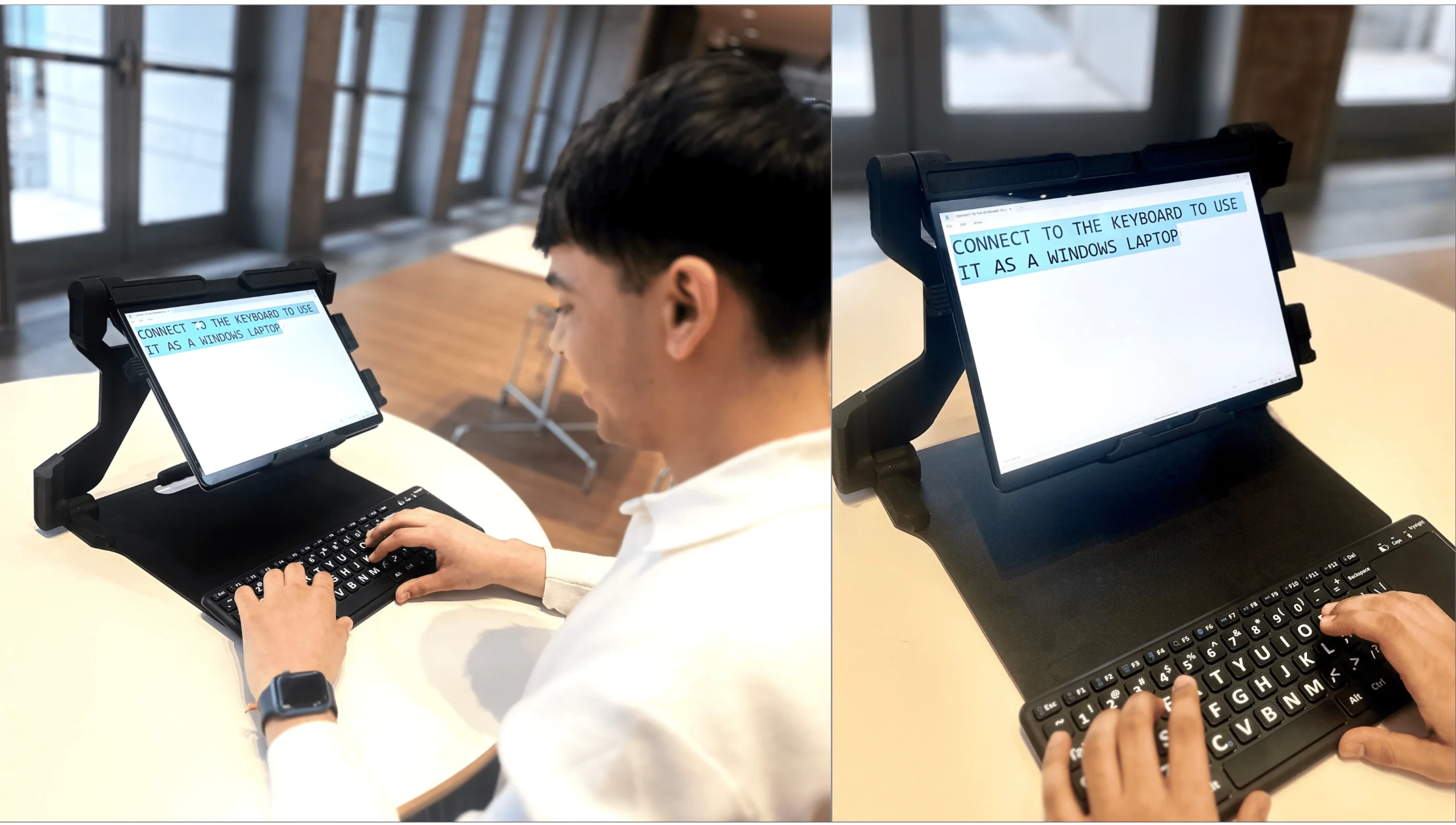 low vision professional using trysight mercury 13 windows based assistive workstation for typing and document work in office environment