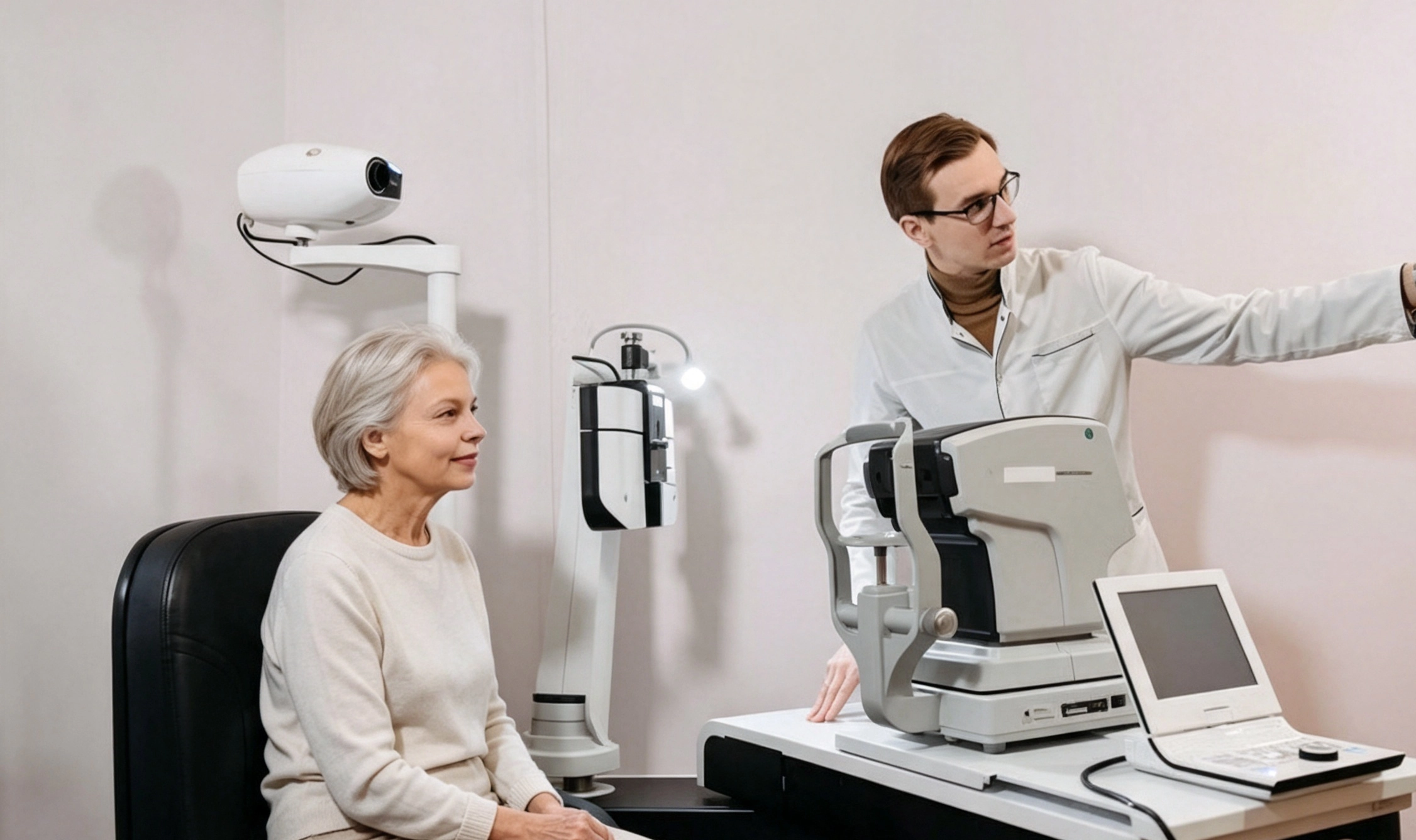 glaucoma vision rehabilitation consultation senior american female patient with eye doctor in optometry examination office